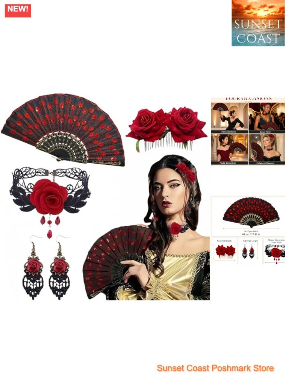 Flamenco Accessory Set: Fan, Rose Clip, Choker, Earrings